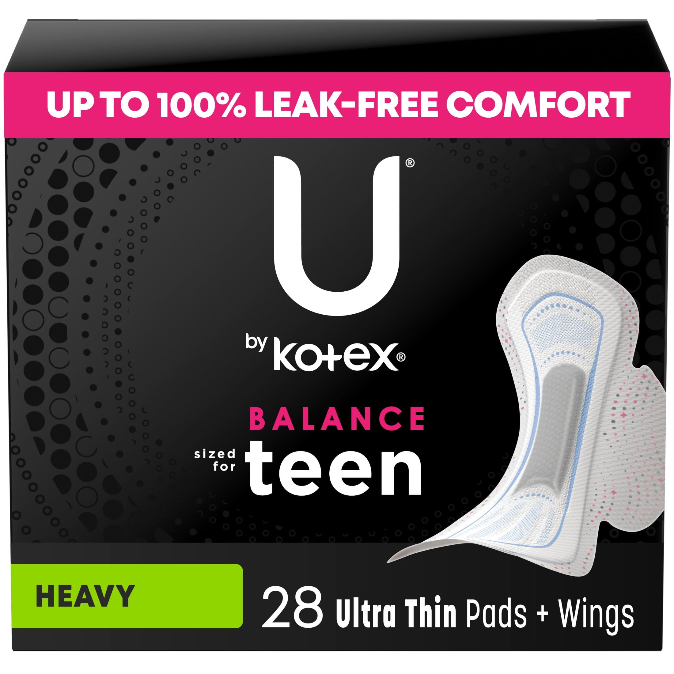 U by Kotex Balance Sized for Teens Ultra Thin Pads with Wings, Heavy Absorbency, 28 Count Kotex