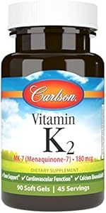 Carlson - Vitamin K2 MK-7 (Menaquinone), 180 mcg, Bone Support, Calcium Bioavailability, K2 Vitamin, Vitamin K-2, 90 Softgels Carlson