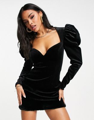 Черное бархатное платье мини с пышными рукавами ASOS LUXE ASOS Luxe