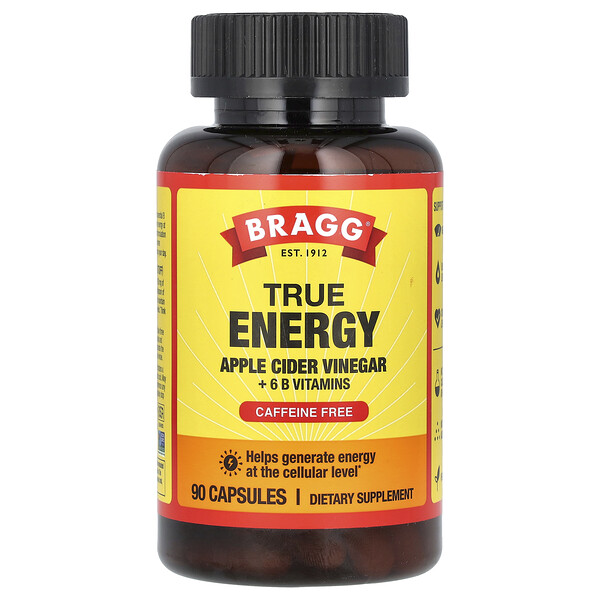 Яблочный уксус True Energy + 6 витаминов группы B, без кофеина, 90 капсул Bragg
