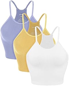 ODODOS Women's Crop 3-Pack Seamless Rib-Knit Camisole Crop Tank Tops Ododos