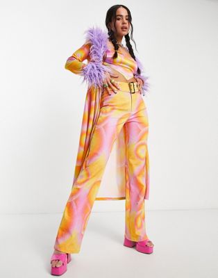 Elsie & Fred low rise Y2K belted fitted flare pants in 70s swirl - part of a set Elsie & Fred