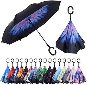 Inverted Reverse Umbrella with C-shaped Handle Windproof Upside Down Umbrellas for Rain Double Layer Hands Free Umbrella for Women and Men Wxjiahetai