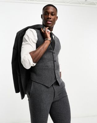 Супероблегающий костюм-жилет из смесовой шерсти ASOS DESIGN темно-серого цвета с узором «елочка» ASOS DESIGN