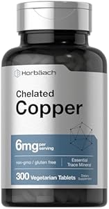 Horbäach Chelated Copper Supplement 6mg | 300 Tablets | Essential Trace Mineral | Vegetarian, Non-GMO, Gluten Free Horbäach