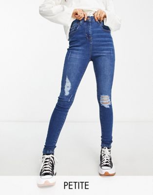 Parisian Petite skinny jeans with rips in mid wash blue Parisian Petite