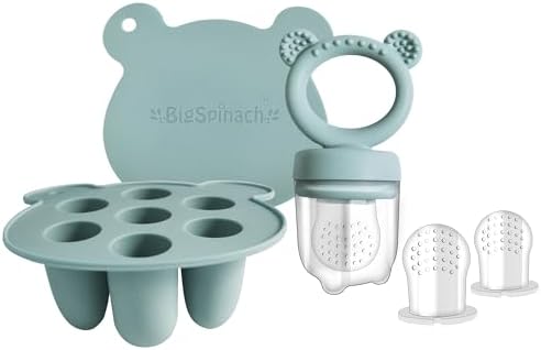 Silicone Baby Food Freezer Tray with Teething Popsicle Molds - Baby Fruit Feeder and Breastmilk Teether Combo BIGSPINACH