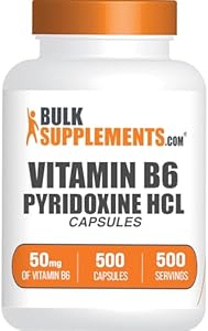 BulkSupplements.com Vitamin B6 Capsules - Pyridoxine HCl, Vitamin B6 50mg - 1 Capsule per Serving, 500 Capsules (Pack of 1) BulkSupplements