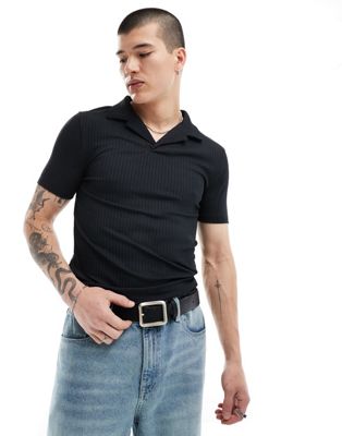 Мужская рубашка-поло ASOS DESIGN с текстурированным ребристым узором в черном цвете ASOS DESIGN