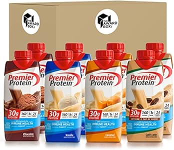 Premier Protien High Protein Shakes Variety Pack Sampler, 11 Fl. Oz Each - Cafe Latte, Chocolate, Vanilla, Caramel, Cake Batter, Chocolate Peanut Butter, Cinnamon, Banana, Strawberry, Cookies and Cream - 2 of Each Flavor (20 Pack) in The Award Box Packaging (10 Flavors) The Award Box