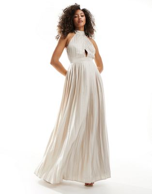 TFNC Bridesmaid satin pleated halterneck maxi dress with full skirt in champagne TFNC