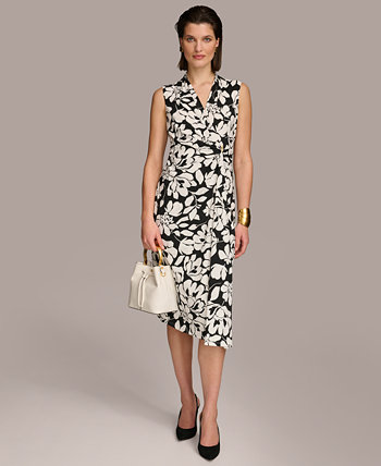 Women's Floral Print Gathered Sleeveless Midi Dress Donna Karan New York