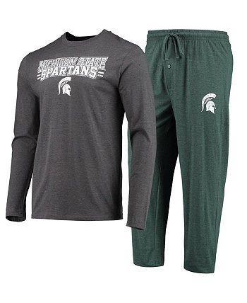 Мужской зеленый, меланжево-угольный комплект для сна с футболкой и брюками с длинными рукавами в стиле штата Мичиган Spartans Meter Concepts Sport