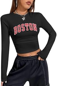 LovelyWholesale Women Graphic Long Sleeve Crop Tops Sexy Ruched Crewneck T Shirt LovelyWholesale