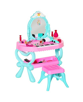 2 In 1 Musical Piano Kids Dressing Table with Magic Princess Mirror Qaba