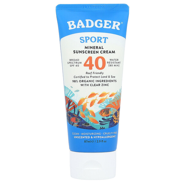 Sport, Минеральный солнцезащитный крем, SPF 40, без запаха, 2,9 ж. унц. (87 мл) Badger