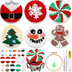 Yaomiao 6 Pcs Christmas Punch Needle Coaster Kit Punch Needle Embroidery Kits Craft Supplies with Patterns Yarns Tools Adhesive Felt Embroidery Hoop Instruction Holder for Adult DIY Yaomiao