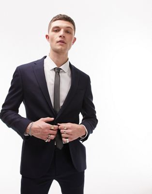 Мужской Пиджак Topman Стретч с Супер Skinny Текстурой в Темно-Синем Цвете TOPMAN