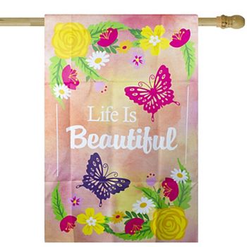 Life is Beautiful Pink Floral Outdoor House Flag 28" x 40" Christmas Central