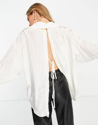 Ghospell oversized shirt with open back in cream - part of a set Ghospell
