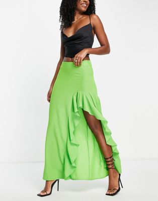 Trendyol maxi skirt with ruffle slit in lime green TRENDYOL