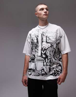 Topman premium heavyweight extreme oversized fit t-shirt with front and back medieval scene print in ecru TOPMAN