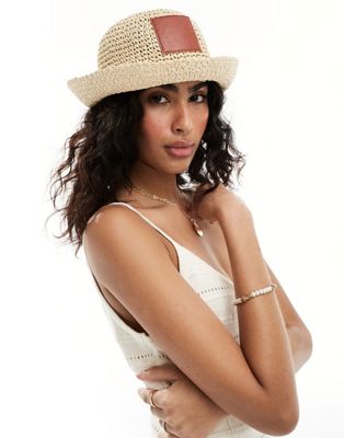 ASOS DESIGN straw crochet bucket hat with faux leather patch  ASOS DESIGN