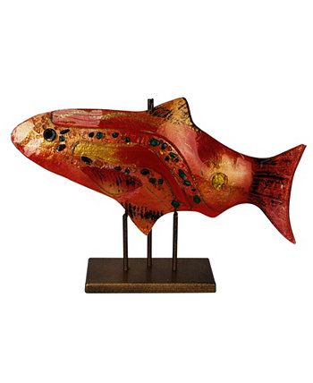 Красная рыба размером 18 x 10 дюймов с подставкой с золотым поцелуем Jasmine Art Glass