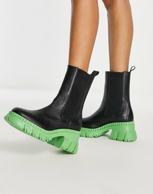 Черные кожаные массивные ботинки челси премиум-класса ASOS DESIGN Raindrop на зеленой подошве ASOS DESIGN