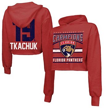 Женская Футболка Majestic Threads Мэтью Ткачука Красная Florida Panthers Чемпионы Кубка Стэнли 2024 Кроп Три-Бленд Пуловер Majestic Threads