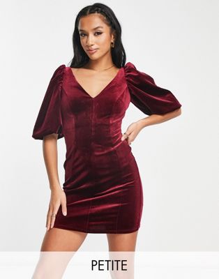 River Island Petite velvet plunge mini dress with puff sleeves in deep red River Island Petite