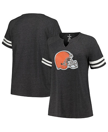 Женская футболка цвета угольно-хизер с эффектом потертости Cleveland Browns размера плюс с логотипом и вырезом на шее, рукавами реглан Fanatics