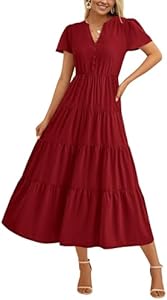 PRETTYGARDEN Women Summer Midi Dresses 2025 Casual Short Sleeve V Neck Belted Tiered Ruffle Vacation Dress with Pockets Prettygarden