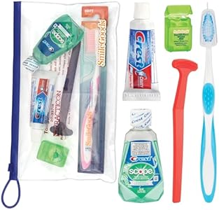 Practicon Adult Dental Care Kit, Travel Size Bundle w/Toothbrush with Cover, Crest Toothpaste, Floss, Tongue Cleaner and Scope Mouthwash, TSA Compliant Oral Care Kit Practicon