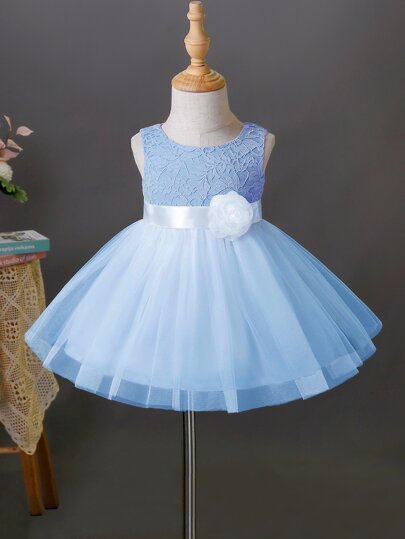 для детей Вечернее платье с аппликацией с кружевной отделкой сетчатый SHEIN