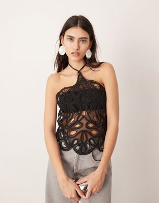 ASOS EDITION embroidered halterneck top with cut work in black ASOS EDITION