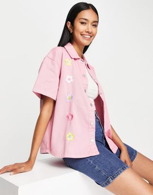 Neon Rose oversized boxy denim shirt with floral embroidery Neon Rose