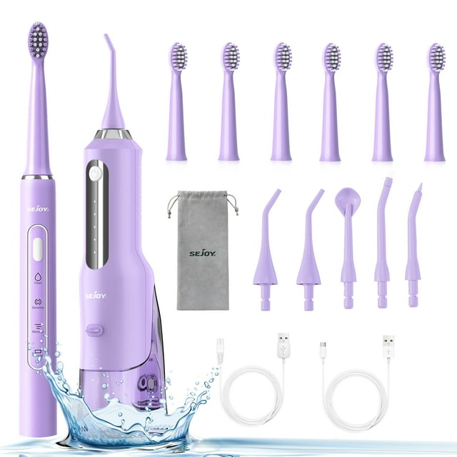 Sejoy Electric Toothbrush and Water Flosser Combo, Teeth Cleaner Set, 3 Modes and 7 Brush Heads Whitening Toothbrushes, 5 Modes and 5 Jet Tips Oral Irrigator, 4 Hours Charge for 30 Days Use (Purple) Sejoy