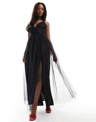 Lace & Beads cross back tulle maxi dress in black LACE & BEADS