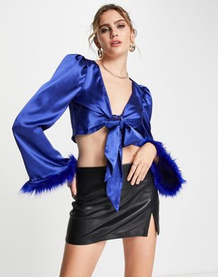 Ei8th Hour satin crop top with faux feather trim blue EI8TH HOUR