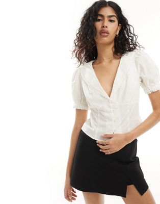 ASOS DESIGN linen look blouse with broderie trim in ivory ASOS DESIGN