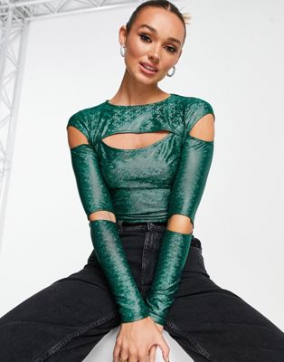 Annorlunda cut-out holographic long sleeve top in deep green Annorlunda