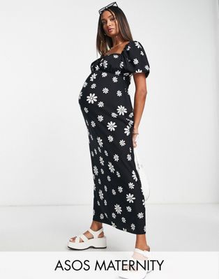 Платье миди с квадратным вырезом и эластичными деталями ASOS DESIGN Maternity с монохромным цветочным принтом ASOS Maternity