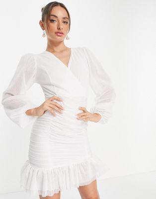 Trendyol wrap front mini dress with mesh balloon sleeves in white TRENDYOL