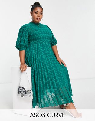 Зеленое платье миди со складками, шевронным узором и объемными рукавами ASOS DESIGN Curve ASOS Curve