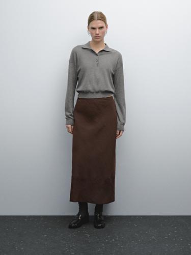 Lace-trimmed midi skirt with seam detail Massimo Dutti