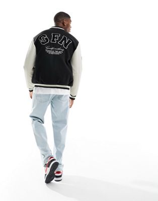 Good For Nothing logo varsity jacket in black and cream Good For Nothing