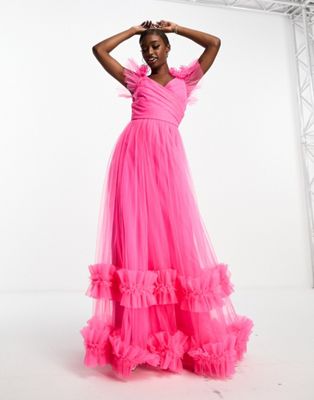 Ярко-розовое платье макси из тюля Lace & Beads с оборками LACE & BEADS