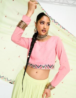 Розовый укороченный топ с длинными рукавами и вышивкой Nesavaali lehenga Nesavaali