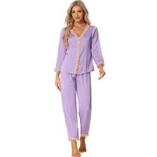 Women's Satin Lounge Sleepwear Night Suits V Neck Lace Trim Pajama Sets Cheibear